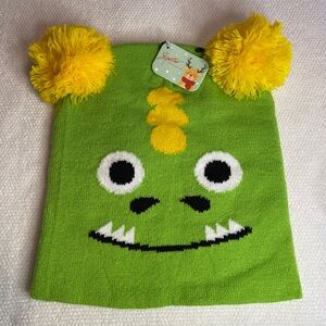 Kids Cold Weather Monster Design Beanie. Green With Yellow Pom Poms. NWT